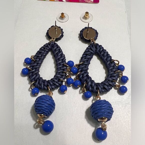 Lily Pulitzer Blue Raffia Chandelier Earrings New - Picture 5 of 7
